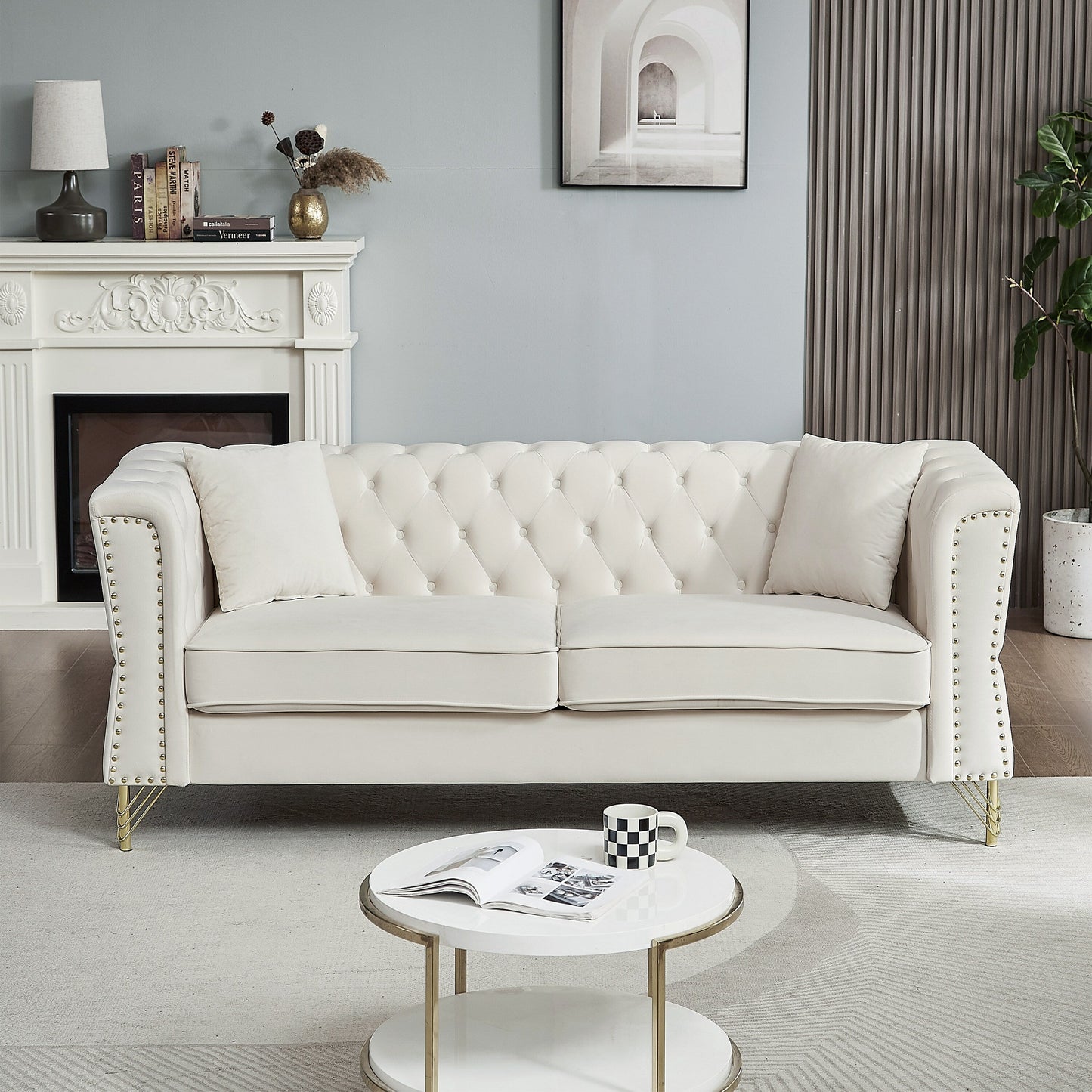 81.8'' Velvet 3-Seater Sofa with Nailhead Trim, 2 Pillows, and Metal Feet, Supported by a Solid Wood Frame