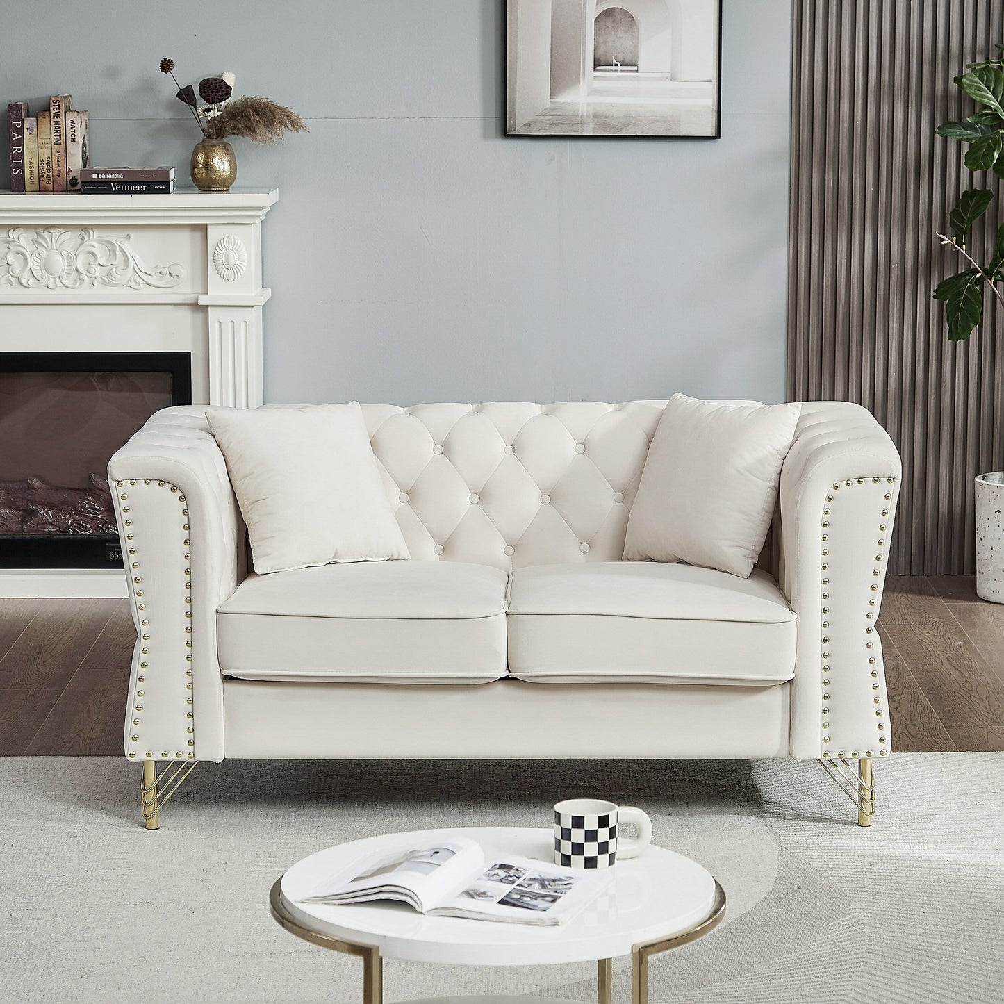 81.8'' Velvet 3-Seater Sofa with Nailhead Trim, 2 Pillows, and Metal Feet, Supported by a Solid Wood Frame