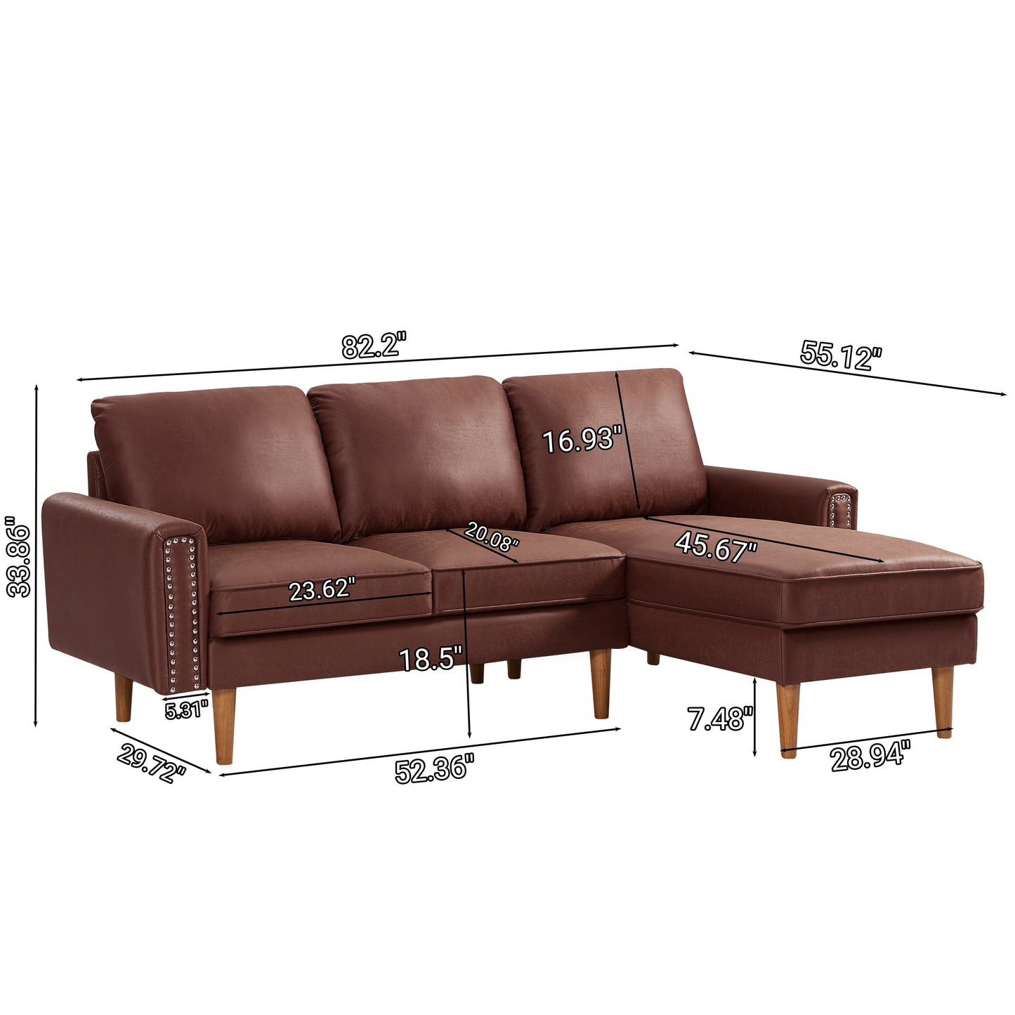 82.2 Fabric 3-Seater Sofa with Copper Nails and Right Chaise