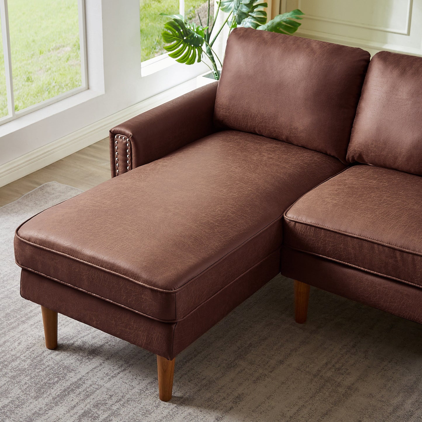 82.2 Fabric 3-Seater Sofa with Copper Nails and Right Chaise