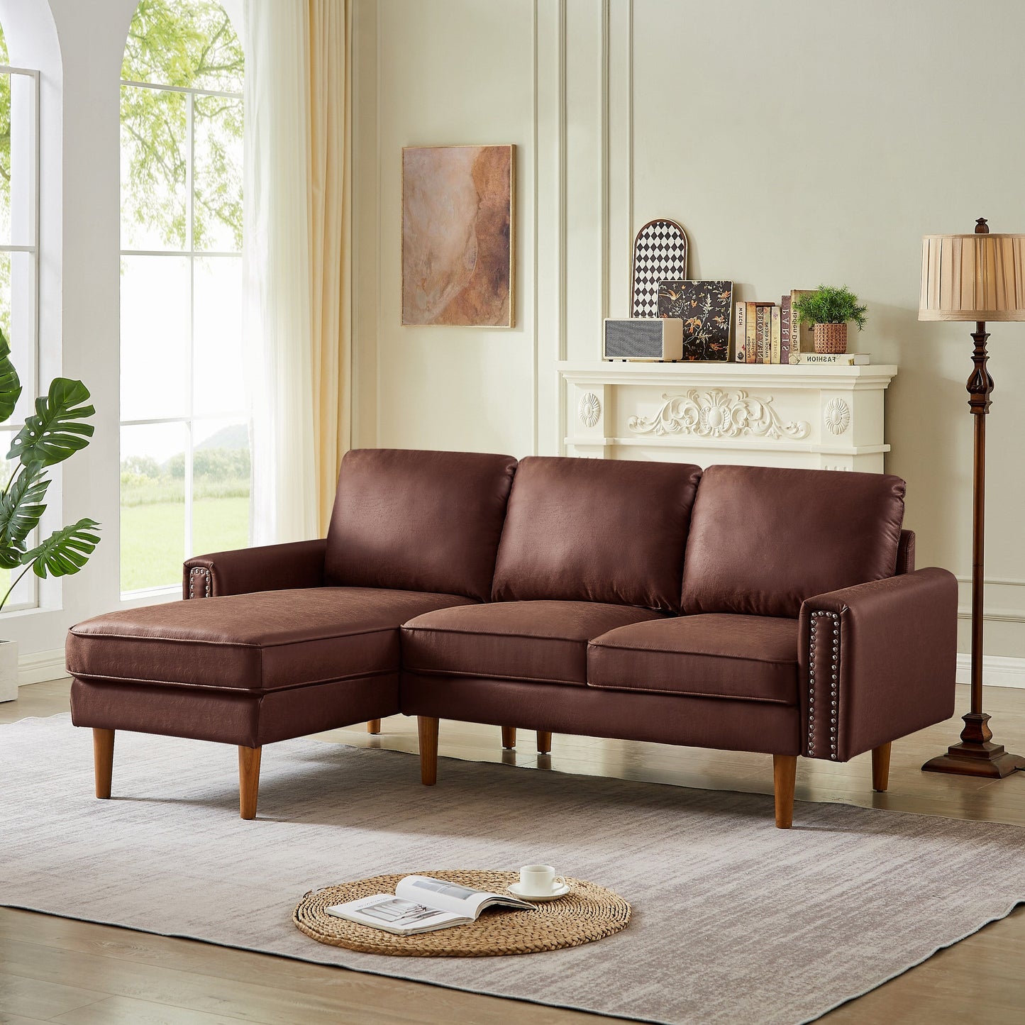 82.2 Fabric 3-Seater Sofa with Copper Nails and Right Chaise