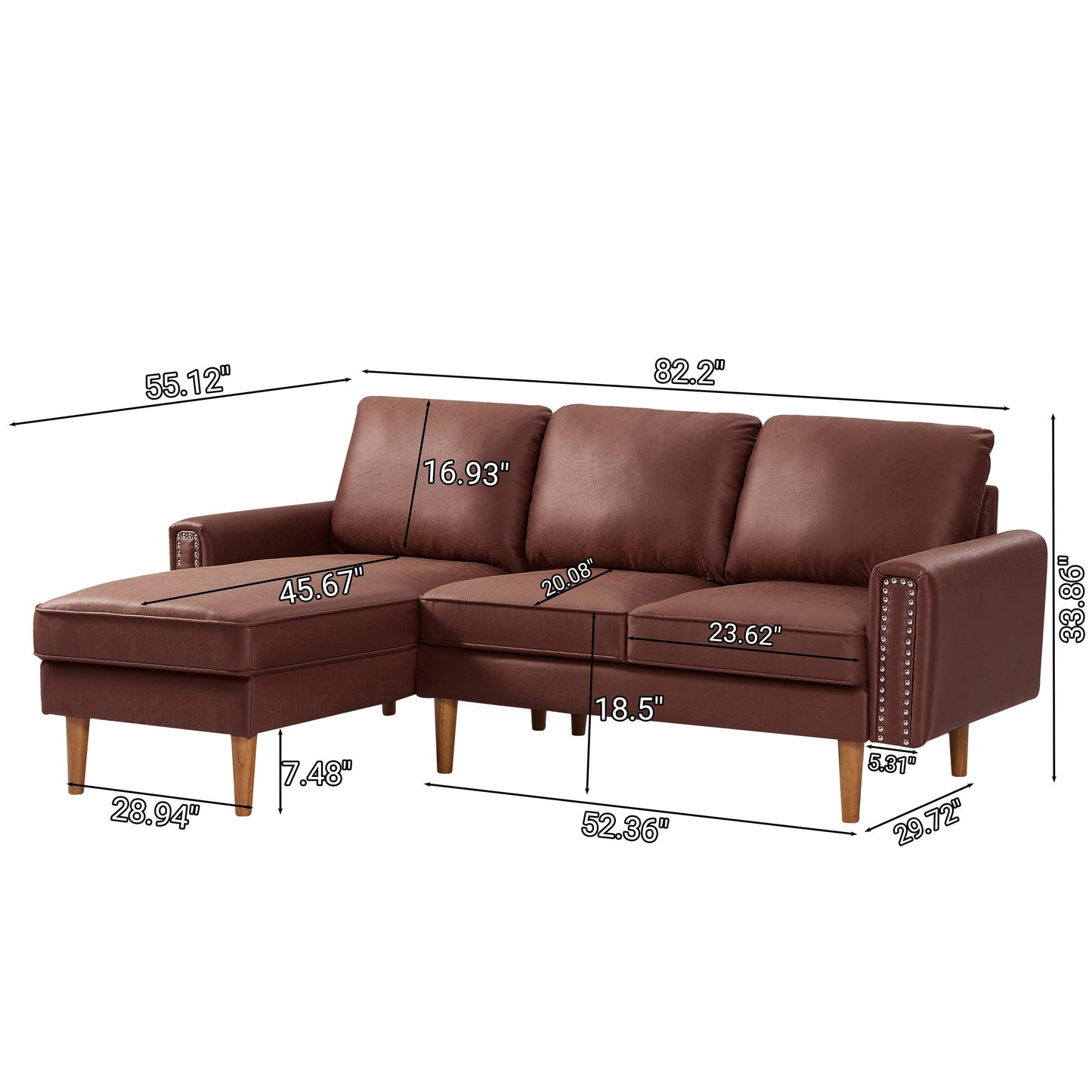 82.2 Fabric 3-Seater Sofa with Copper Nails and Right Chaise