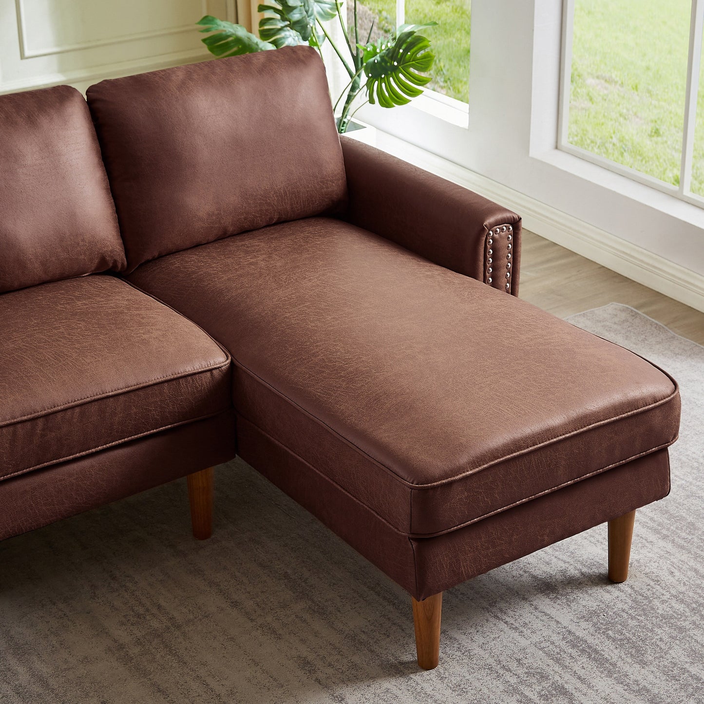 82.2'' Suede L-Shaped Sofa with Right Chaise, Solid Wood Frame, and Copper Nailhead Accents
