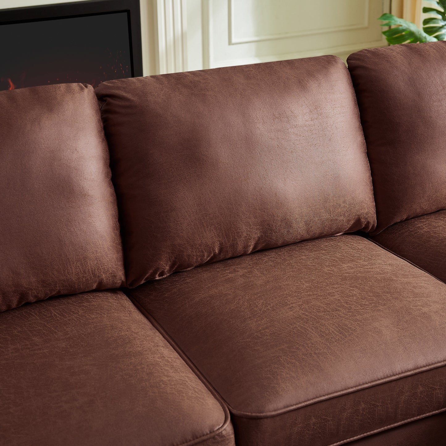 82.2'' Suede L-Shaped Sofa with Right Chaise, Solid Wood Frame, and Copper Nailhead Accents