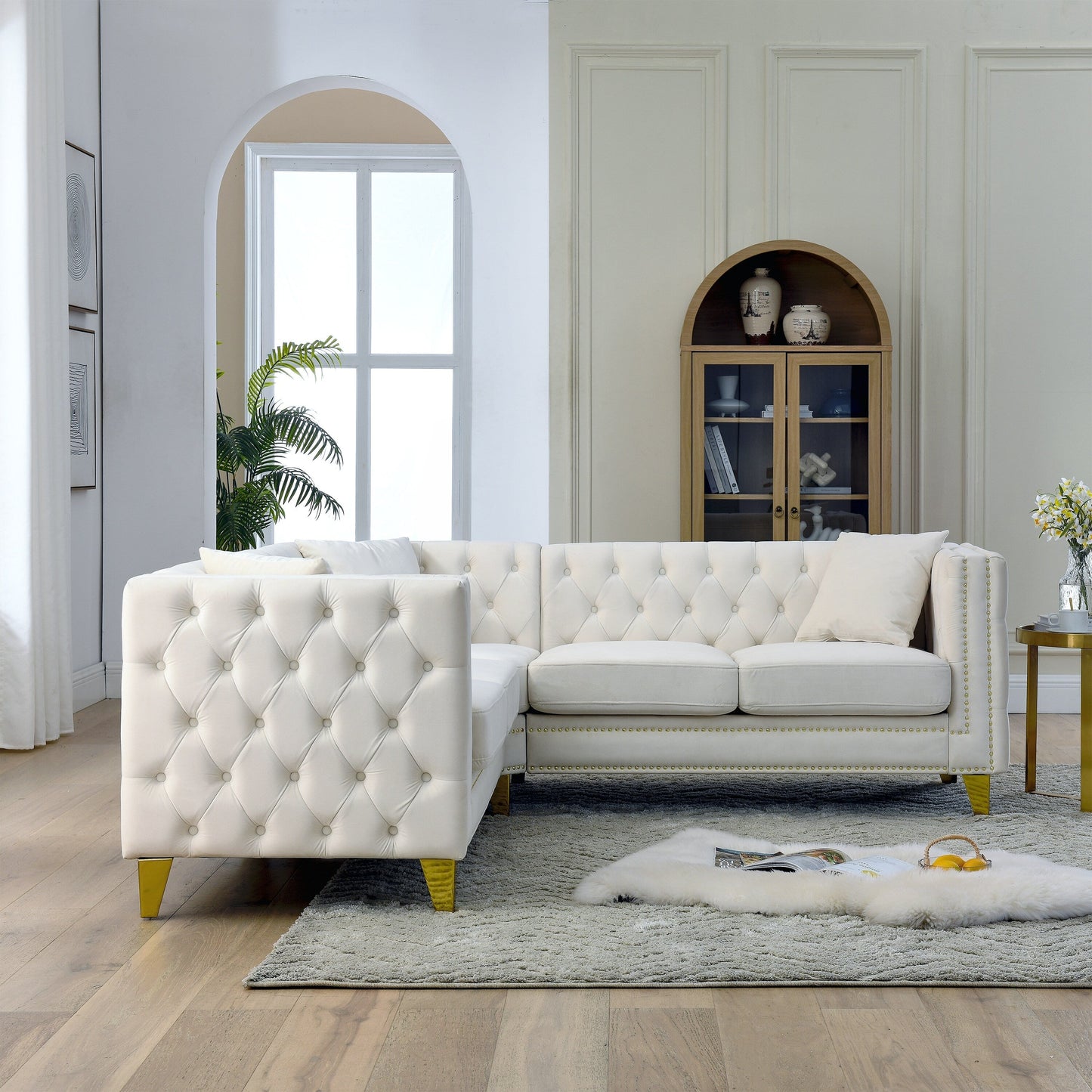 82.2'' Velvet L-Shaped 5-Seater Sofa with Nailhead Trim