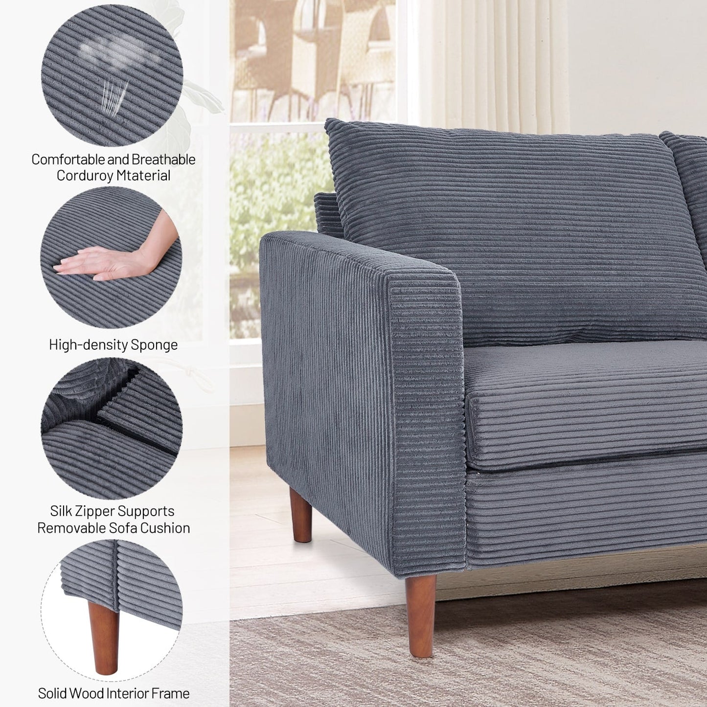 82.68 in. L Corduroy Mid-Century Modern Rectangle 2-Seater Loveseat with Square Arm