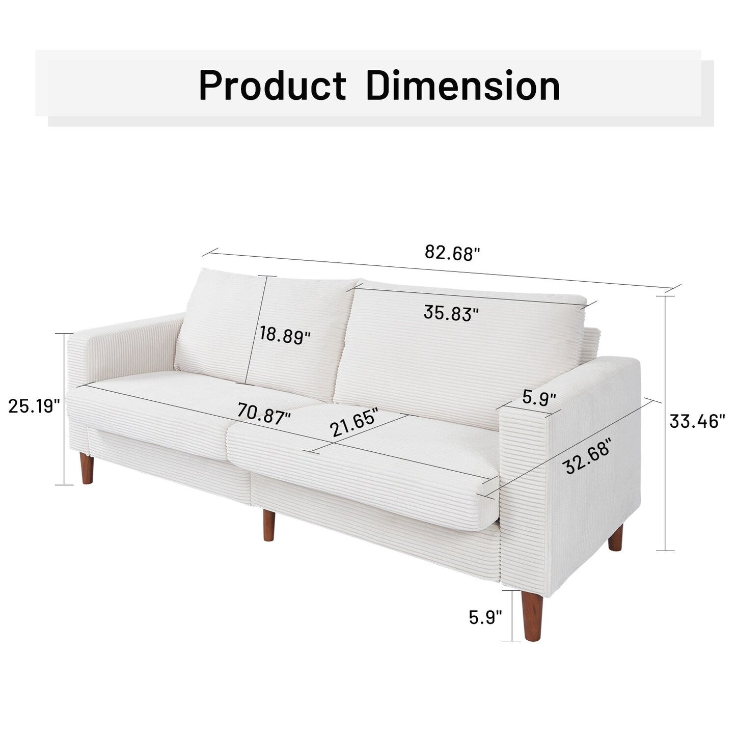 82.68 in. L Corduroy Mid-Century Modern Rectangle 2-Seater Loveseat with Square Arm