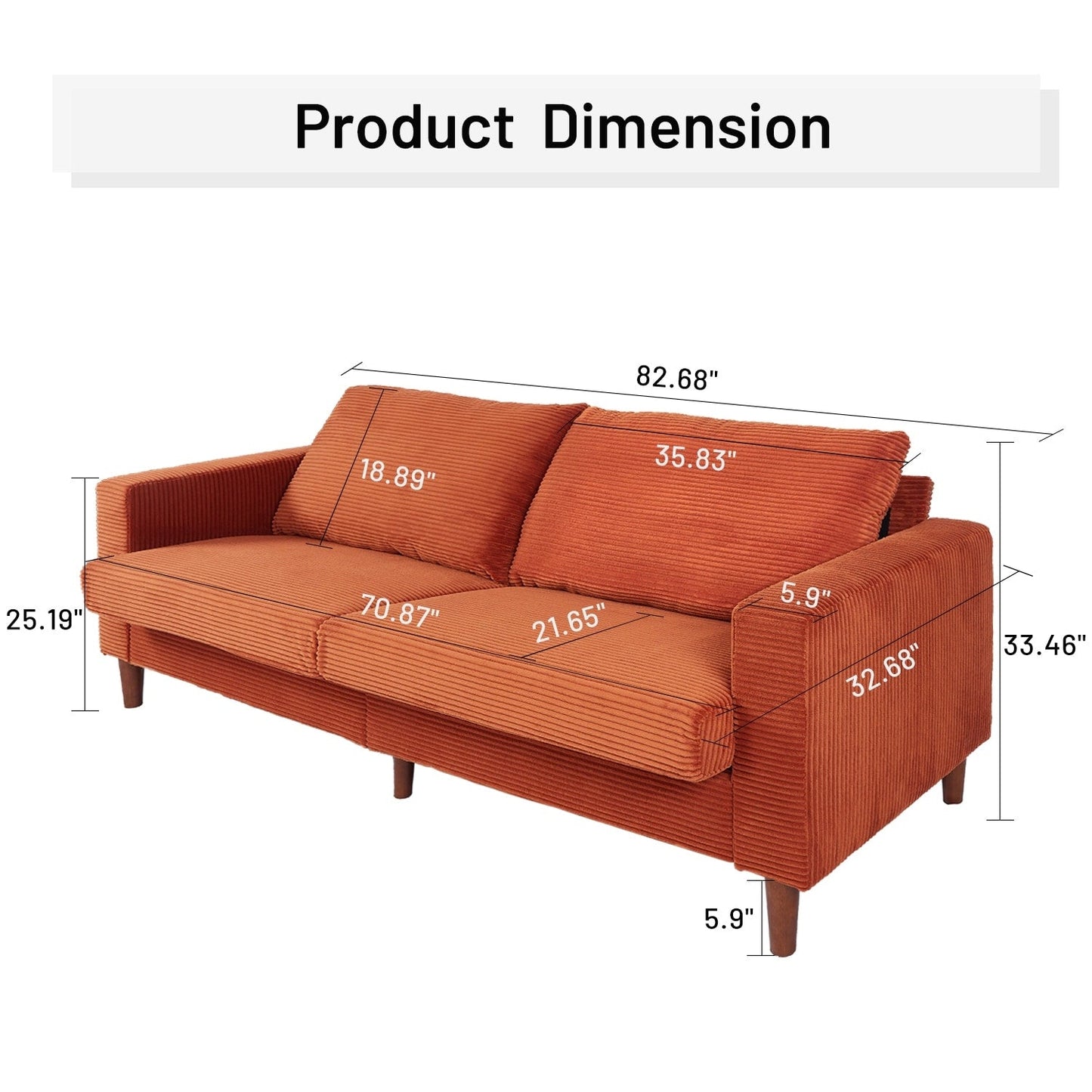 82.68 in. L Corduroy Mid-Century Modern Rectangle 2-Seater Loveseat with Square Arm