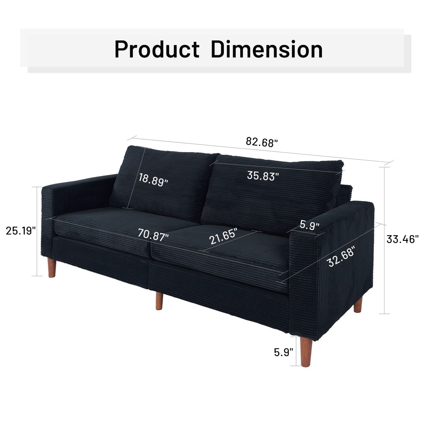 82.68 in. L Corduroy Mid-Century Modern Rectangle 2-Seater Loveseat with Square Arm