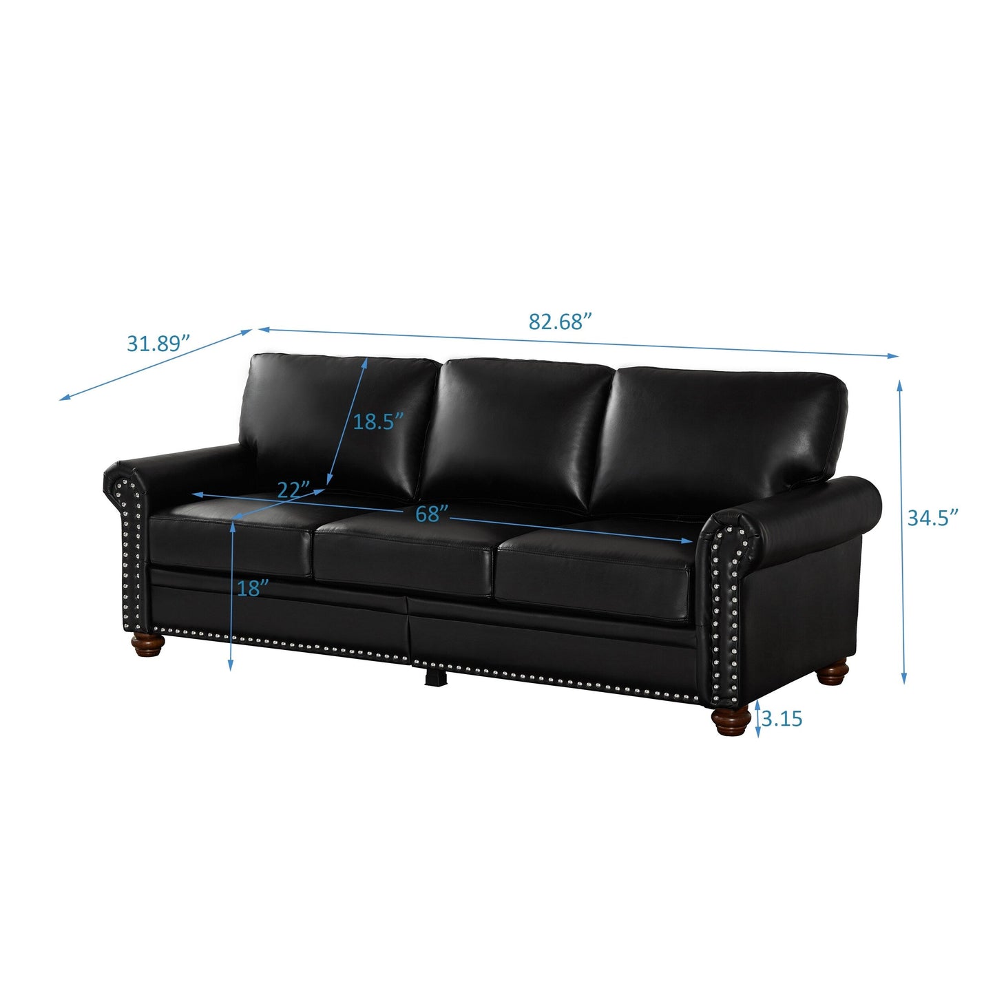 82.68 3-Seater Sofa PU Leather Sofa with Storage, Solid Wood And Metal Frame, 6-Leg Support, Under-Seat Storage Boxes