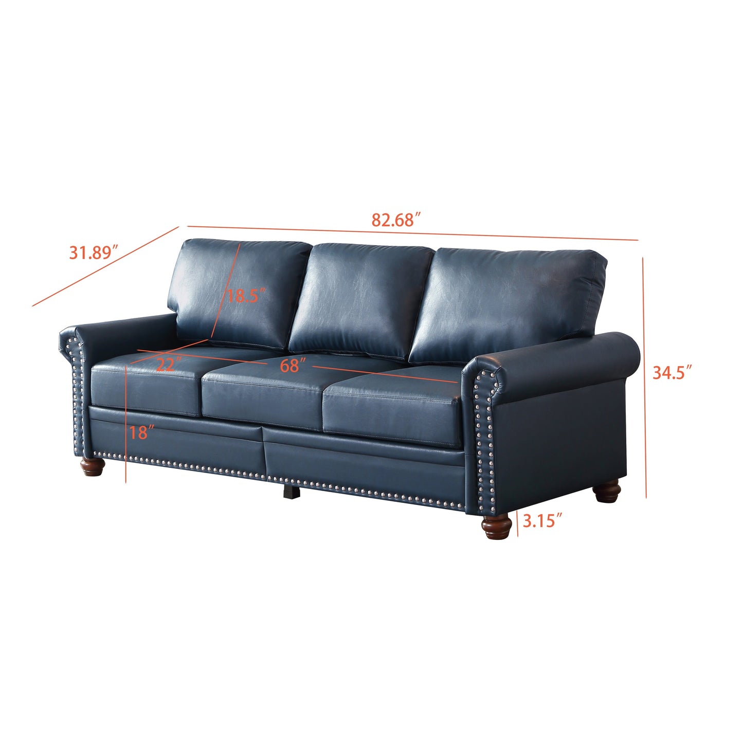 82.68 3-Seater Sofa PU Leather Sofa with Storage, Solid Wood And Metal Frame, 6-Leg Support, Under-Seat Storage Boxes