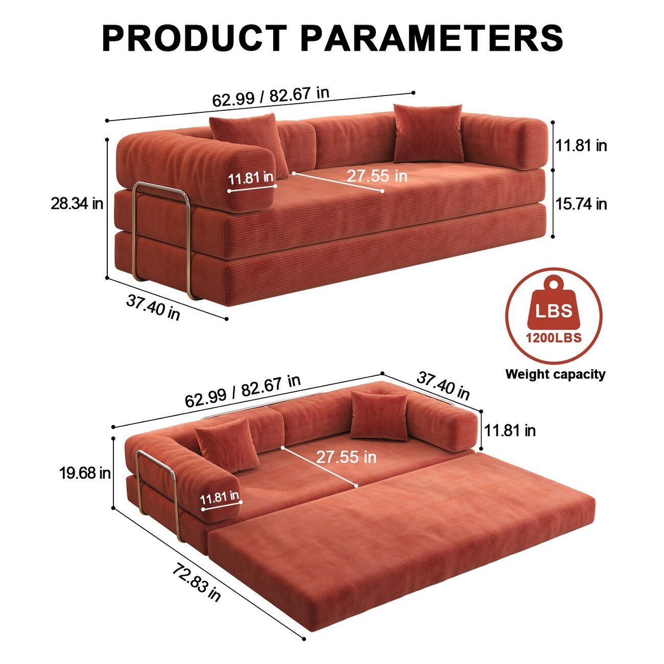 82.68 Foam 3-Seater Sofa Modular with Removable Backrest, 70cm Wide Seat, Washable Cover, Stainless Steel Frame