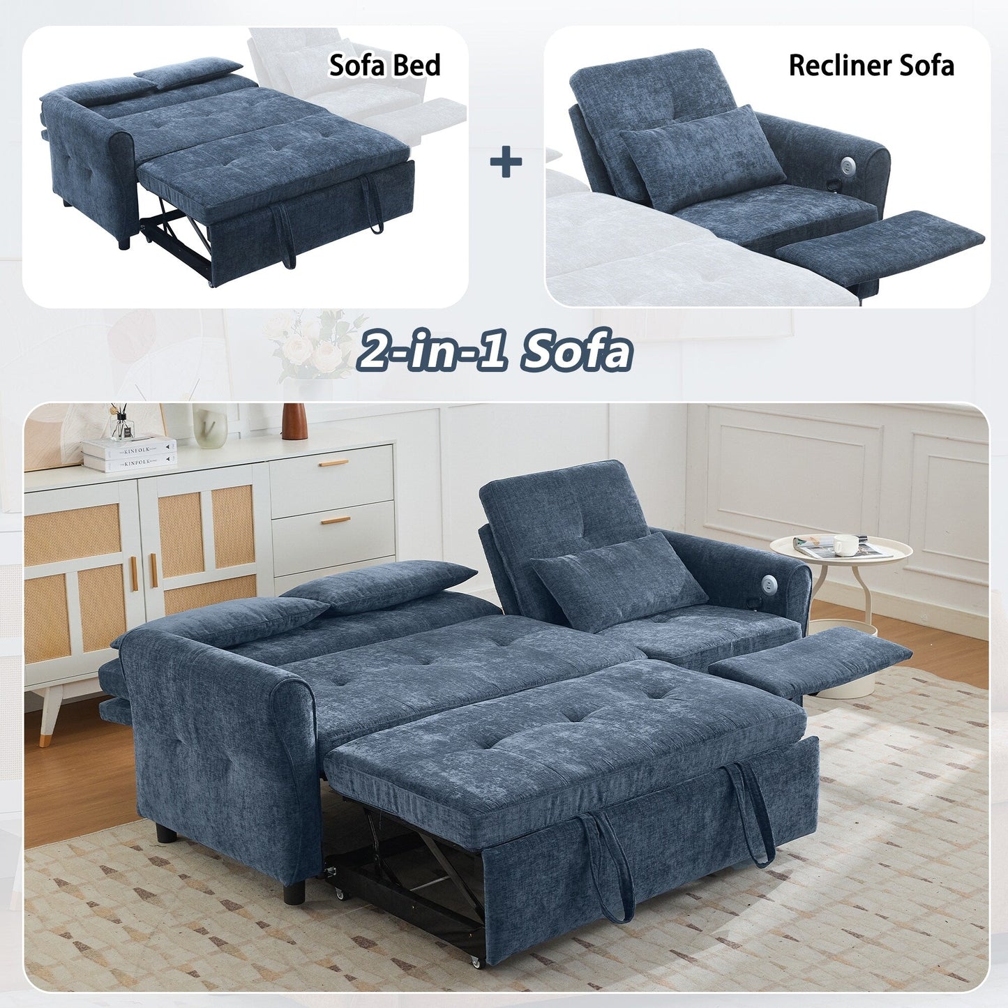 82 Chenille 2-in-1 Sofa Bed with Adjustable Backrest, Reversible Chaise, USB Charging Ports