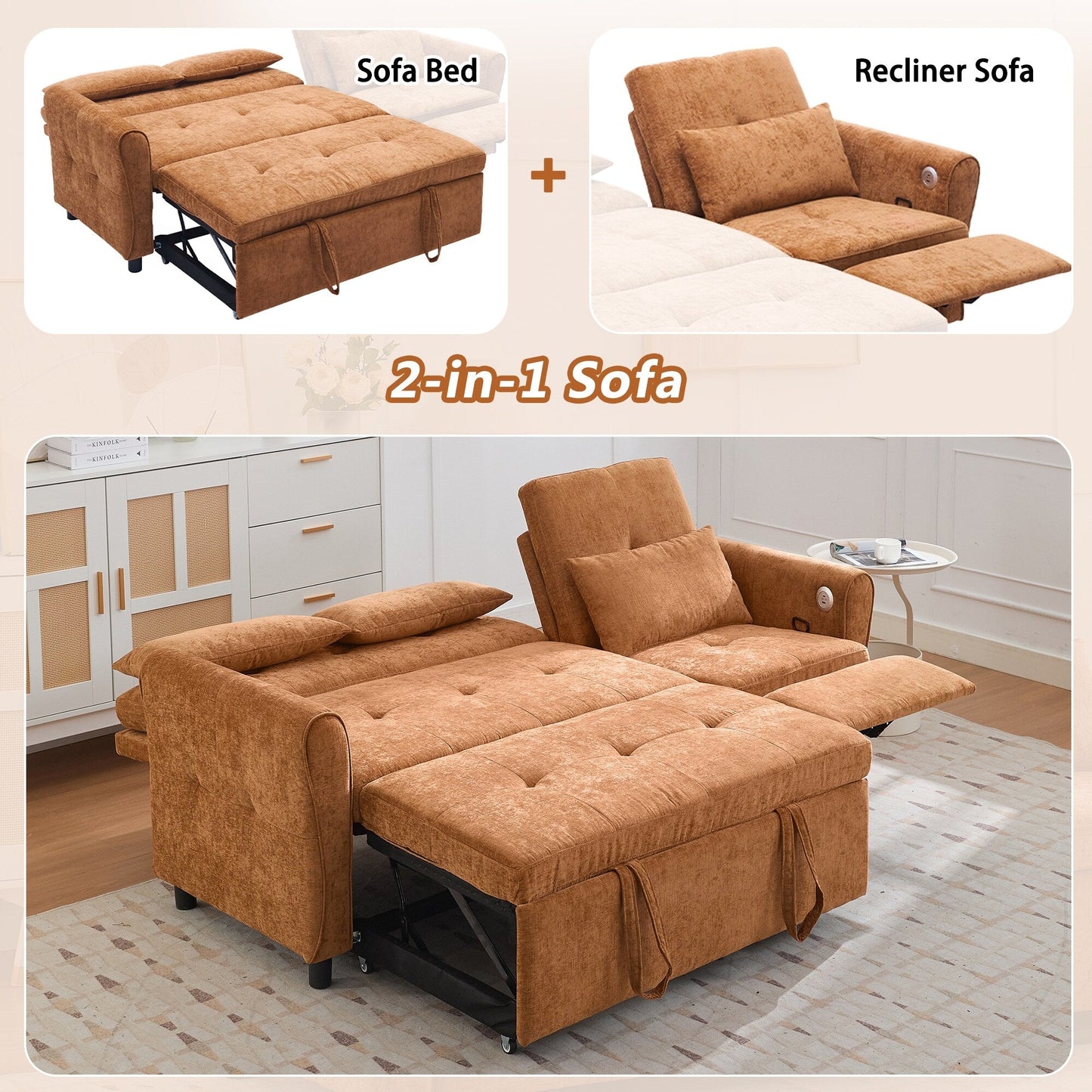 82 Chenille 2-in-1 Sofa Bed with Adjustable Backrest, Reversible Chaise, USB Charging Ports