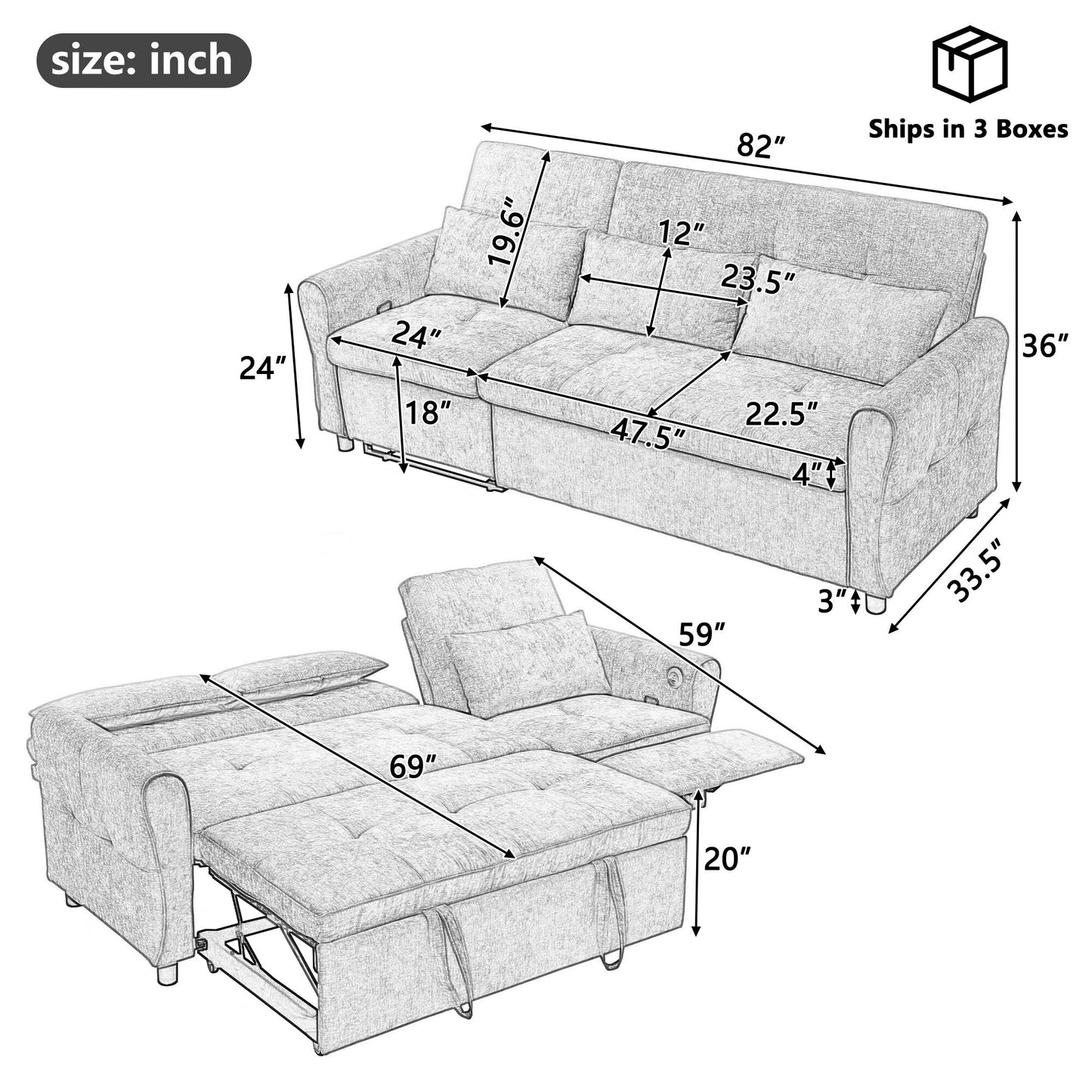 82 Chenille 2-in-1 Sofa Bed with Adjustable Backrest, Reversible Chaise, USB Charging Ports