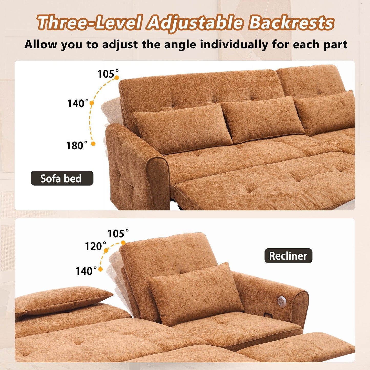 82 Chenille 2-in-1 Sofa Bed with Adjustable Backrest, Reversible Chaise, USB Charging Ports