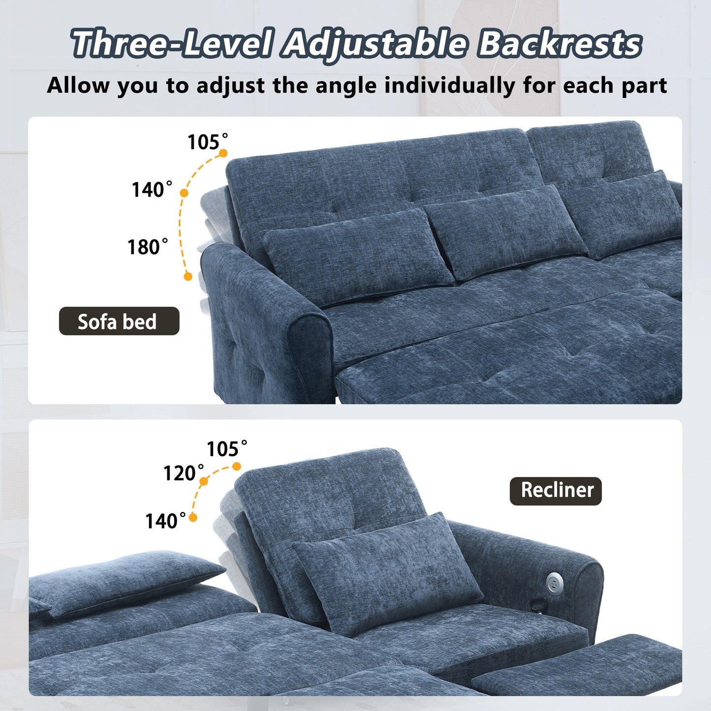 82 Chenille 2-in-1 Sofa Bed with Adjustable Backrest, Reversible Chaise, USB Charging Ports