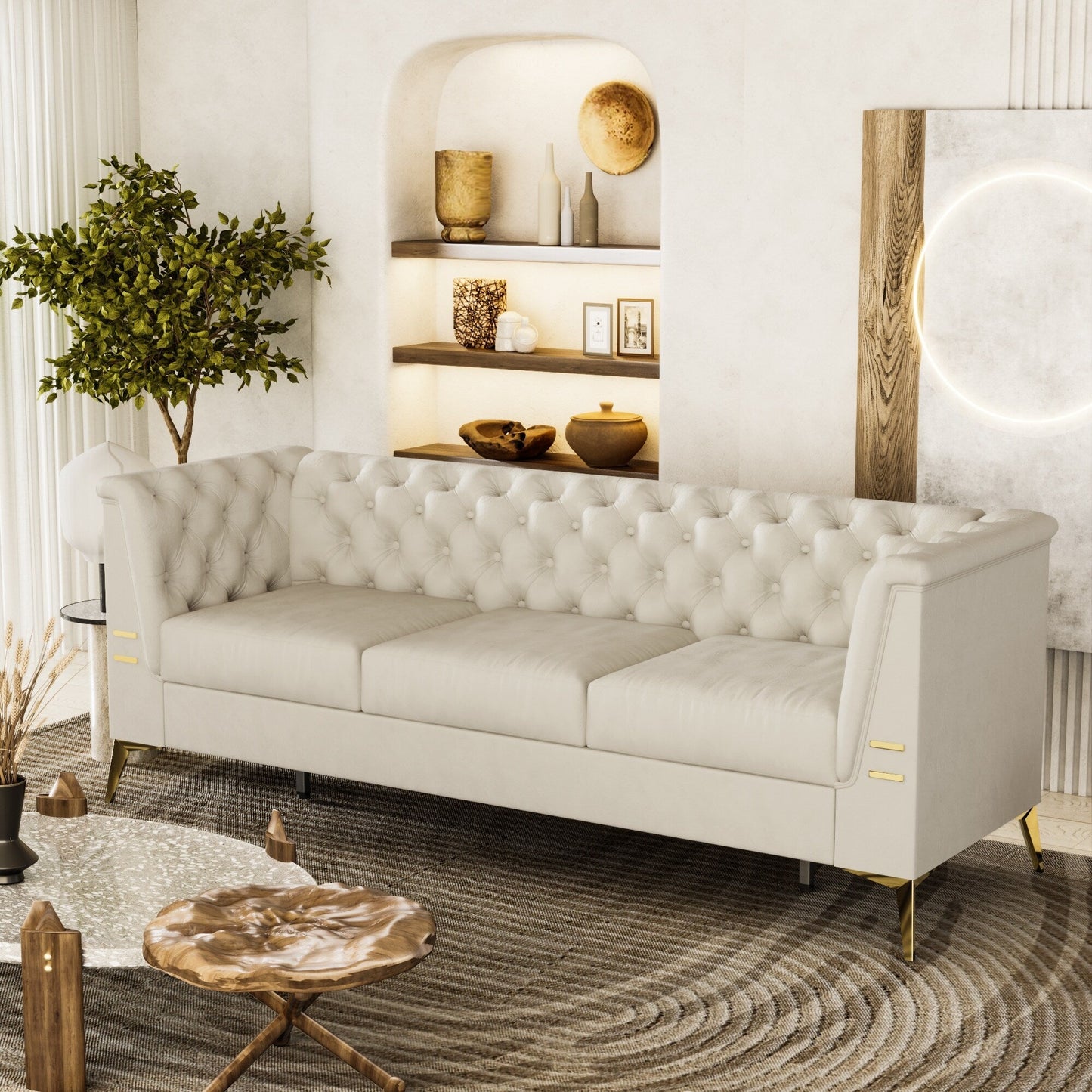 82'' Modern Velvet 3-Seater Couch with Tufted Design and Gold Metal Legs