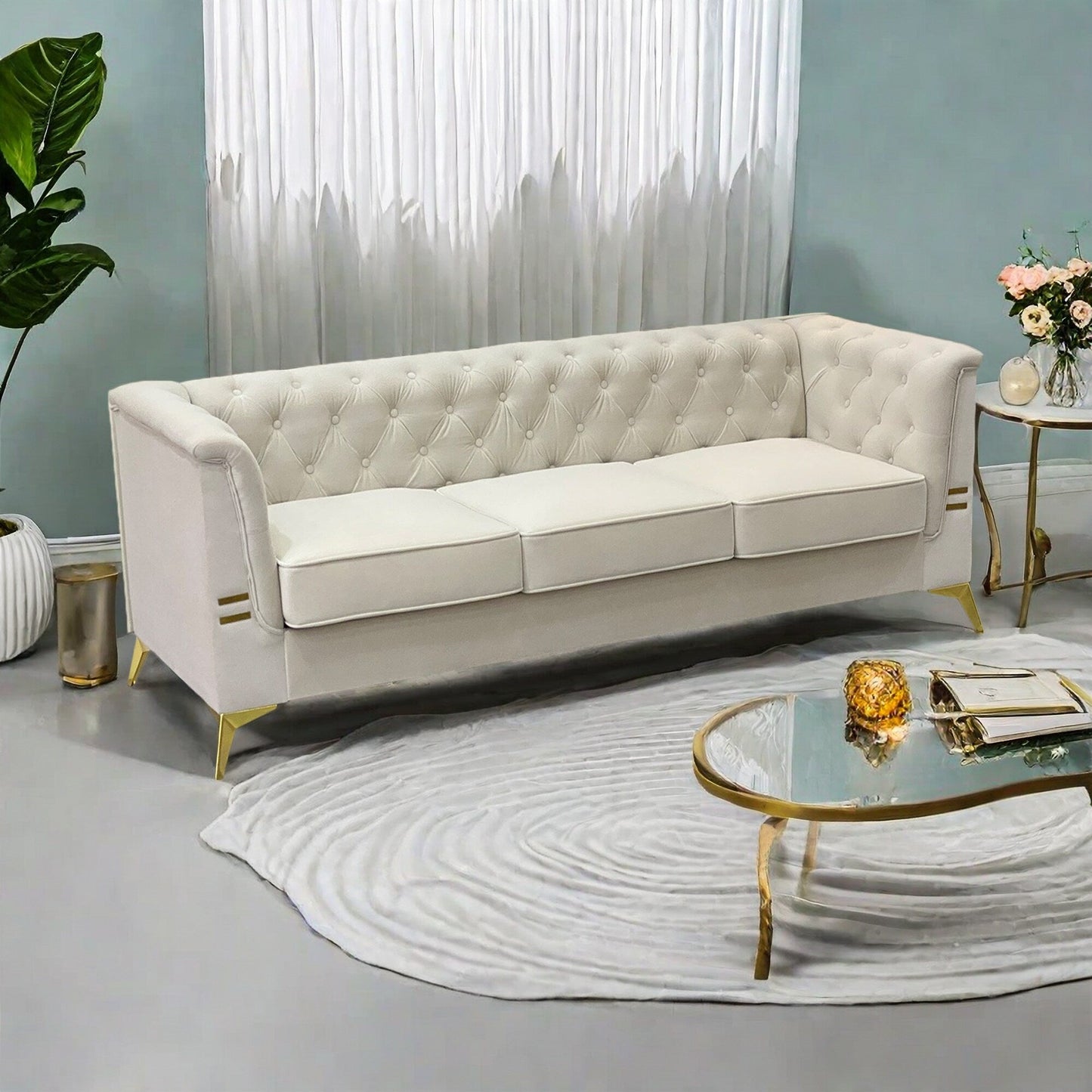 82'' Modern Velvet 3-Seater Couch with Tufted Design and Gold Metal Legs