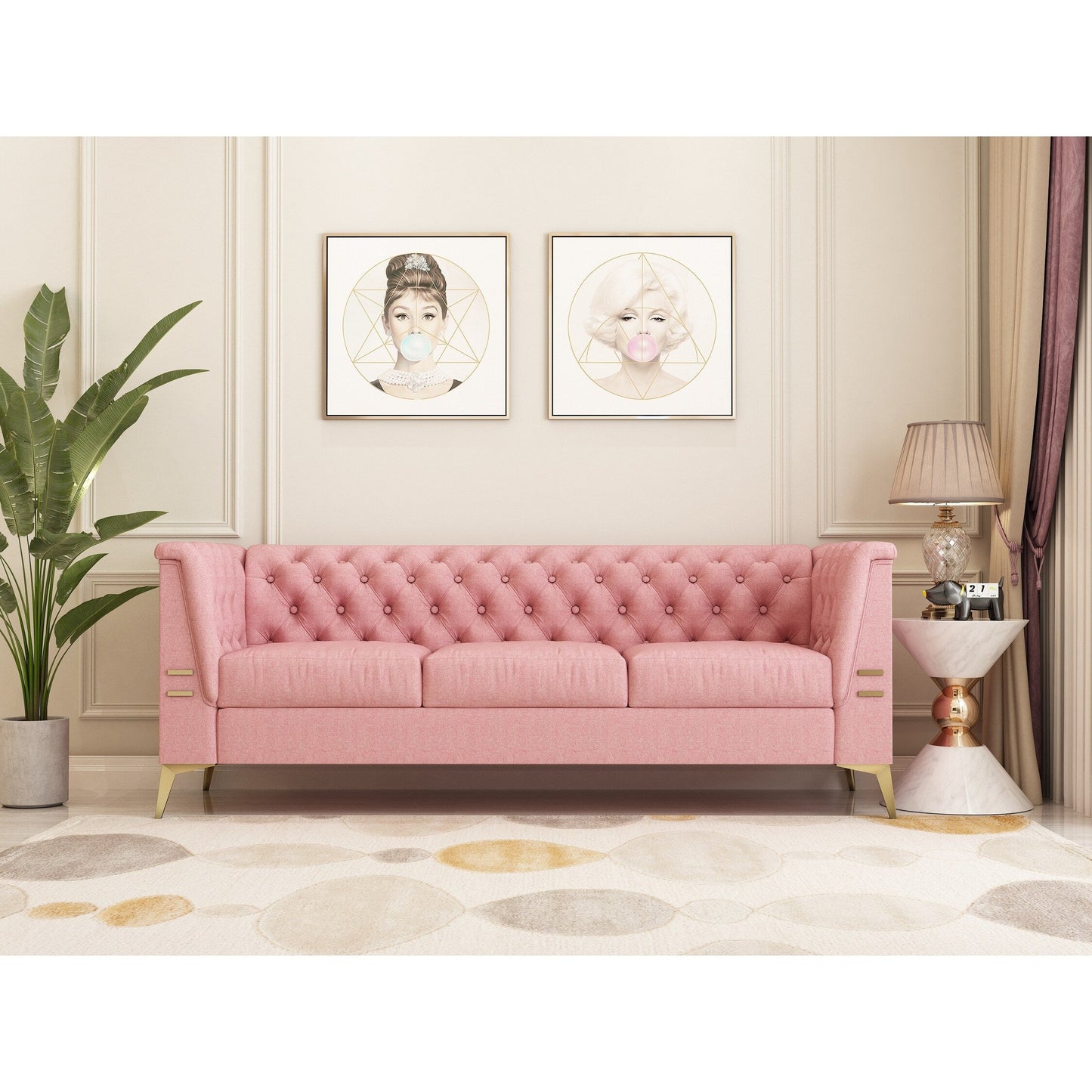 82'' Modern Velvet 3-Seater Couch with Tufted Design and Gold Metal Legs