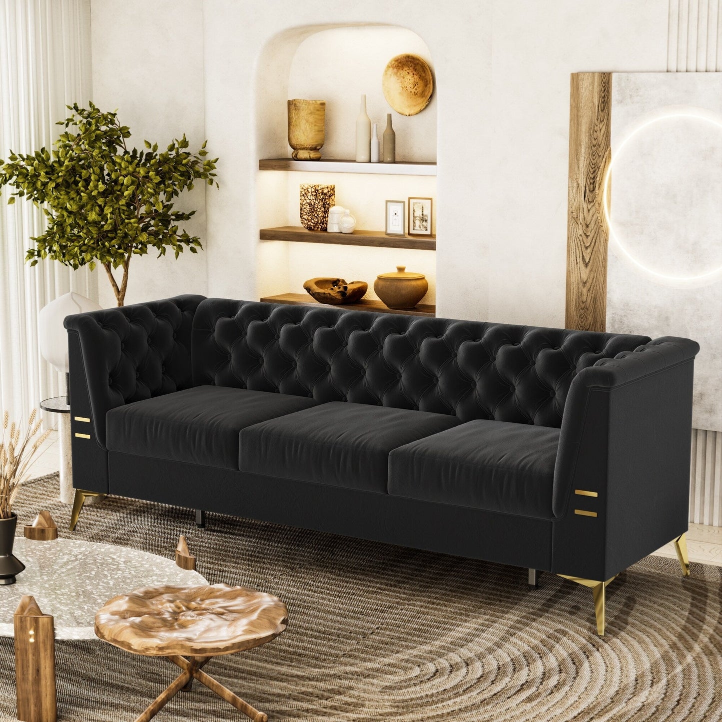 82'' Modern Velvet 3-Seater Couch with Tufted Design and Gold Metal Legs