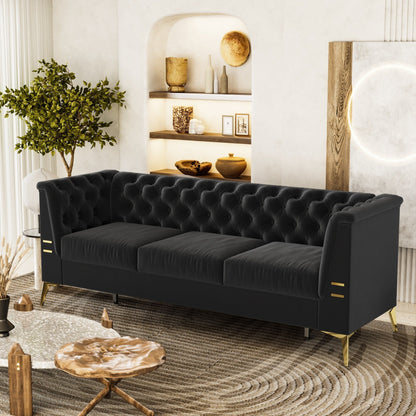 82'' Modern Velvet 3-Seater Couch with Tufted Design and Gold Metal Legs