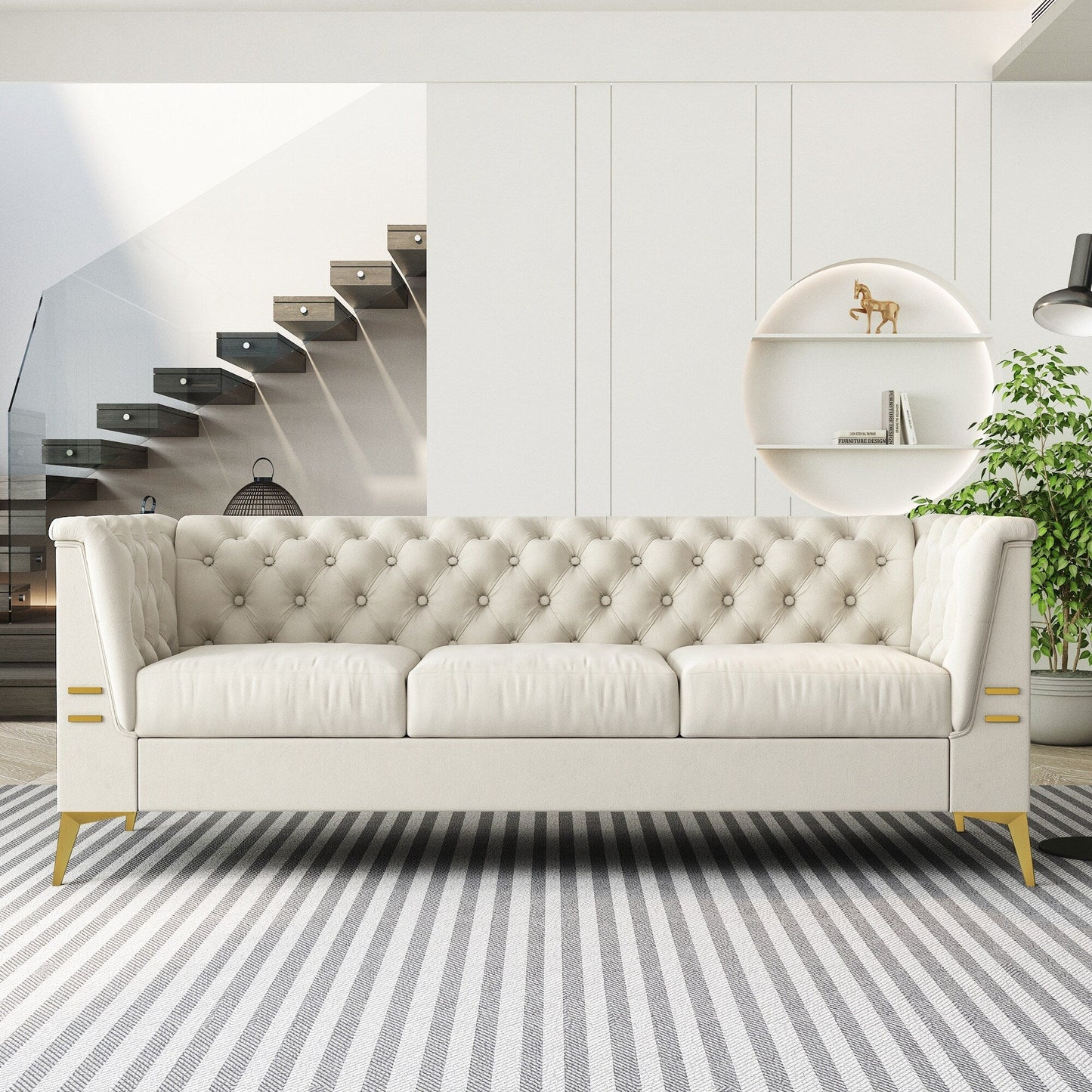82'' Modern Velvet 3-Seater Couch with Tufted Design and Gold Metal Legs