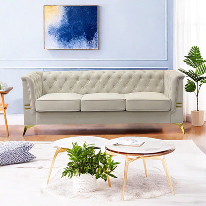 82'' Velvet 3 Seater Chesterfield Sofa Couch with Gold Metal Legs, High Rebound Sponge and Removable Cushions