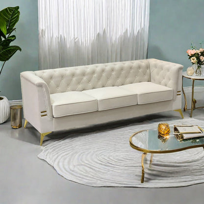 82'' Velvet 3 Seater Chesterfield Sofa Couch with Gold Metal Legs, High Rebound Sponge and Removable Cushions