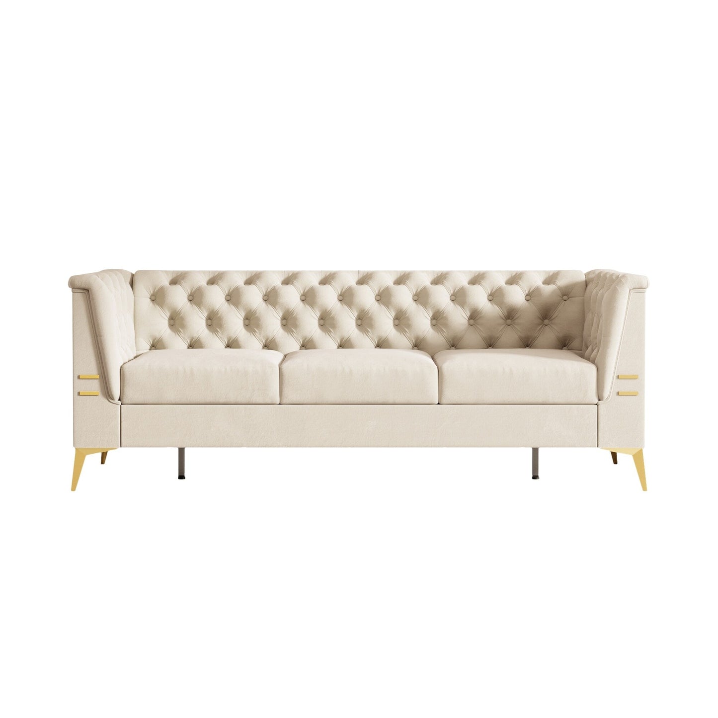 82'' Velvet 3 Seater Chesterfield Sofa Couch with Gold Metal Legs, High Rebound Sponge and Removable Cushions
