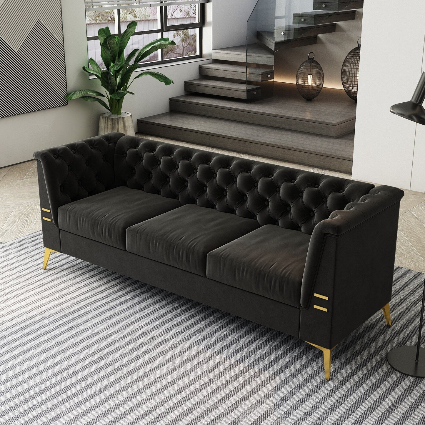 82'' Velvet 3 Seater Chesterfield Sofa Couch with Gold Metal Legs, High Rebound Sponge and Removable Cushions