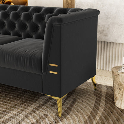 82'' Velvet 3 Seater Chesterfield Sofa Couch with Gold Metal Legs, High Rebound Sponge and Removable Cushions