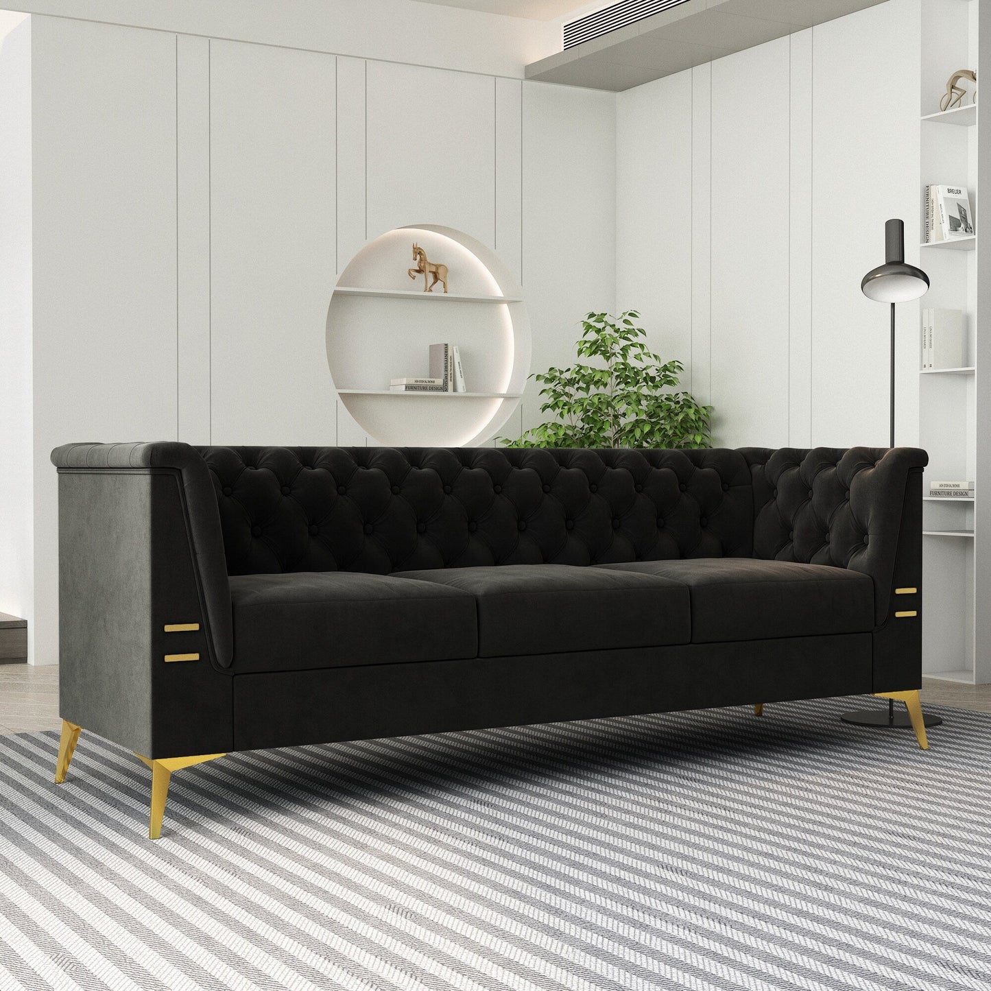 82'' Velvet 3 Seater Chesterfield Sofa Couch with Gold Metal Legs, High Rebound Sponge and Removable Cushions
