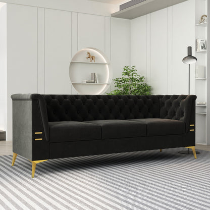 82'' Velvet 3 Seater Chesterfield Sofa Couch with Gold Metal Legs, High Rebound Sponge and Removable Cushions