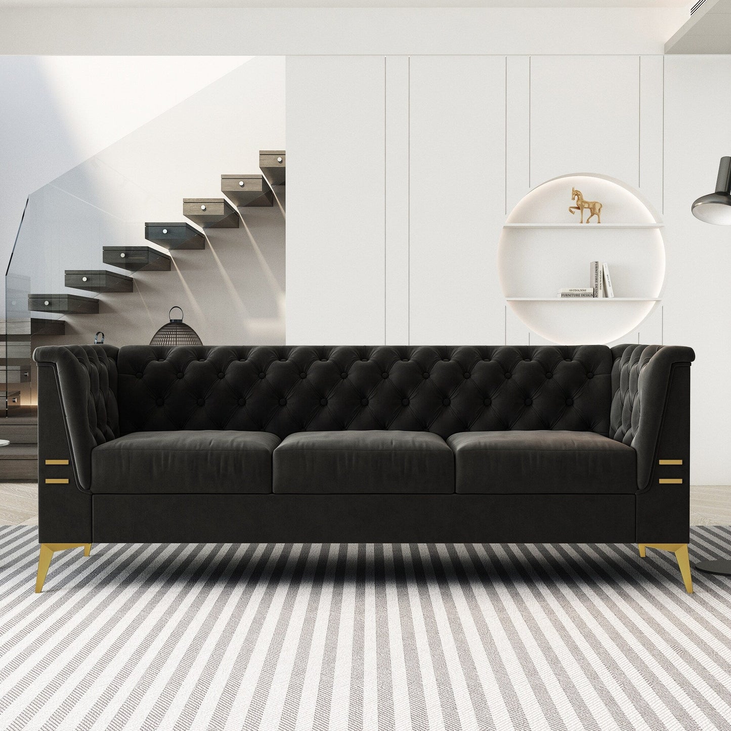 82'' Velvet 3 Seater Chesterfield Sofa Couch with Gold Metal Legs, High Rebound Sponge and Removable Cushions