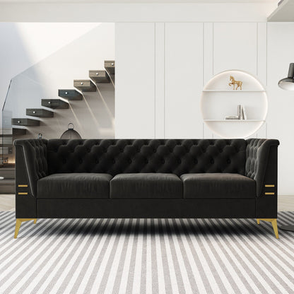 82'' Velvet 3 Seater Chesterfield Sofa Couch with Gold Metal Legs, High Rebound Sponge and Removable Cushions