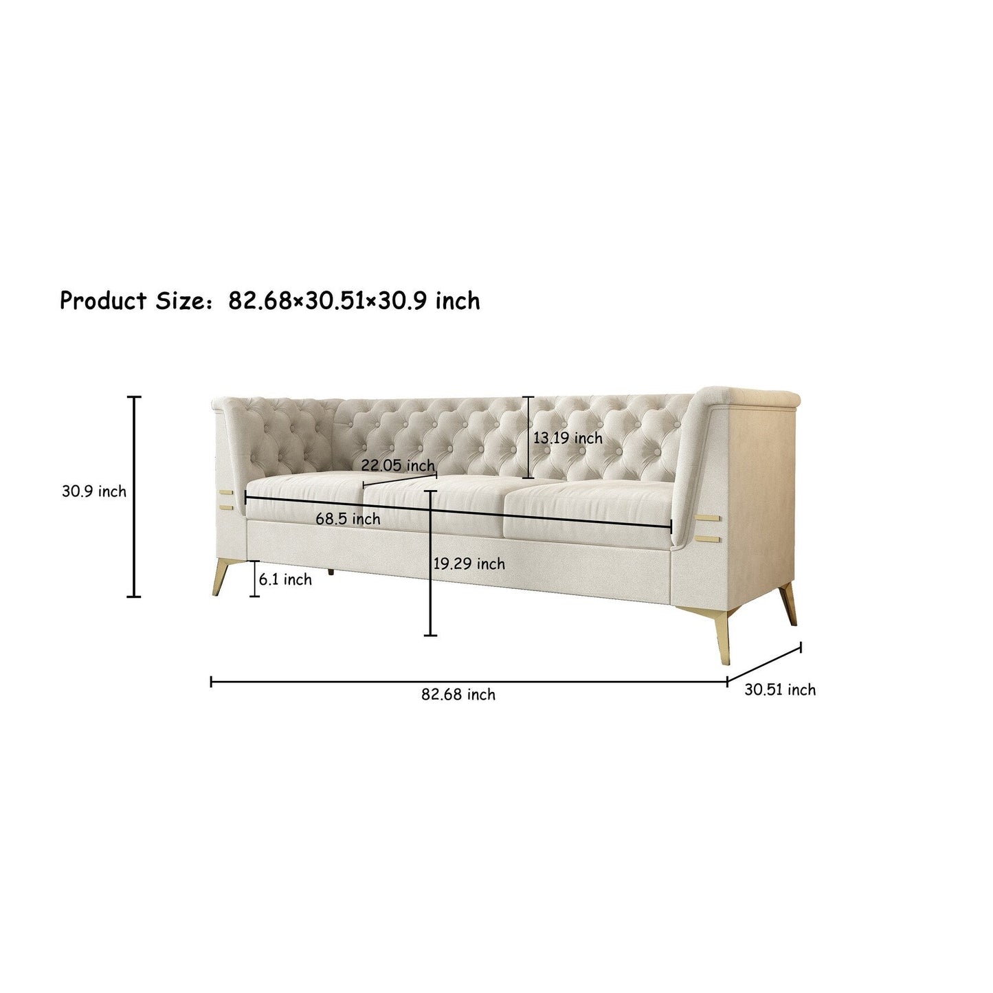 82'' Velvet 3 Seater Chesterfield Sofa Couch with Gold Metal Legs, High Rebound Sponge and Removable Cushions