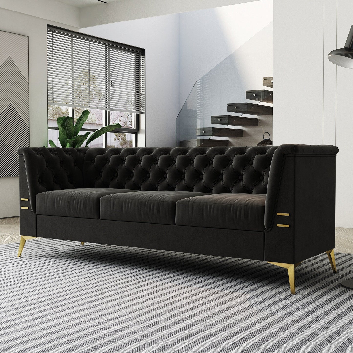 82'' Velvet 3 Seater Chesterfield Sofa Couch with Gold Metal Legs, High Rebound Sponge and Removable Cushions