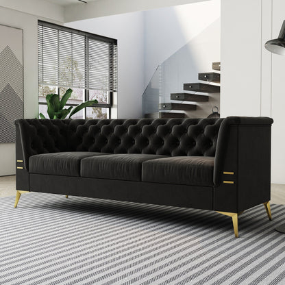 82'' Velvet 3 Seater Chesterfield Sofa Couch with Gold Metal Legs, High Rebound Sponge and Removable Cushions