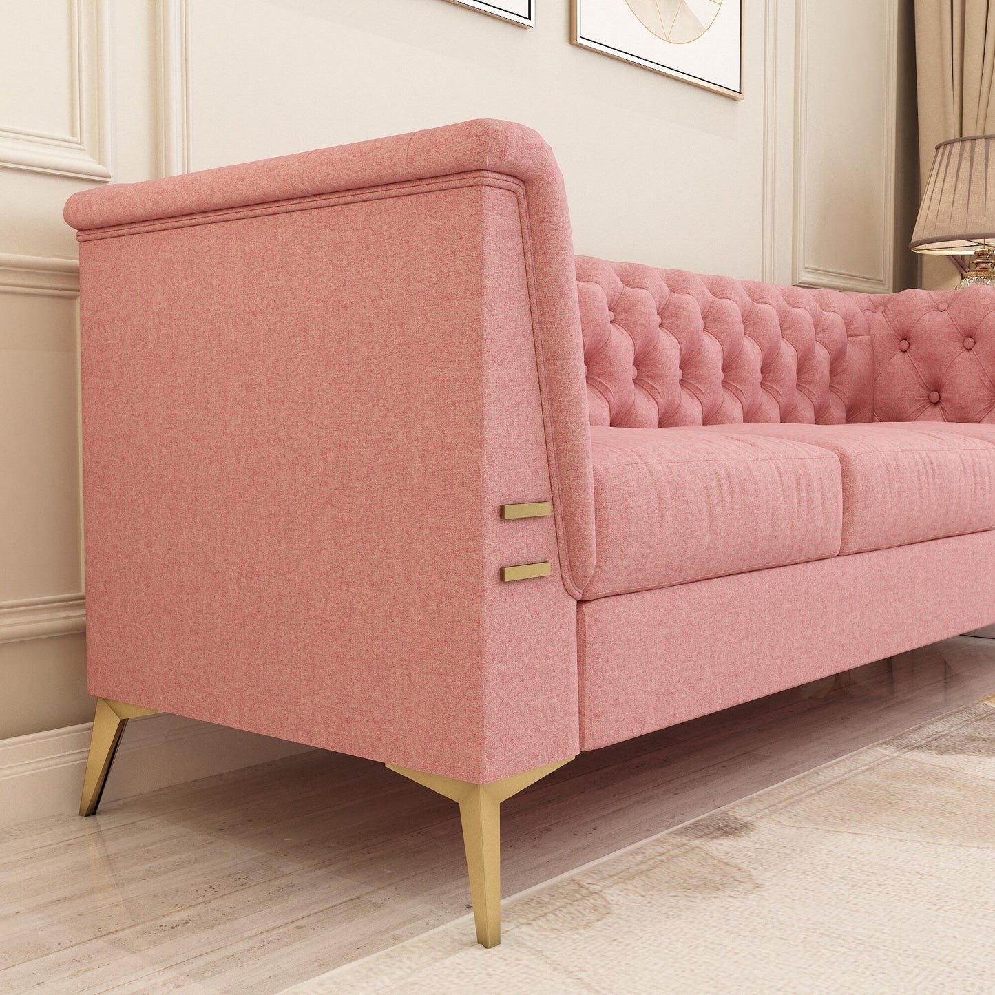 82'' Velvet 3 Seater Chesterfield Sofa Couch with Gold Metal Legs, High Rebound Sponge and Removable Cushions