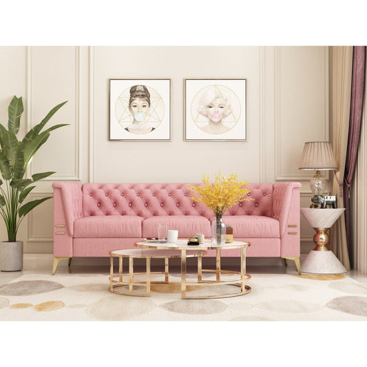 82'' Velvet 3 Seater Chesterfield Sofa Couch with Gold Metal Legs, High Rebound Sponge and Removable Cushions