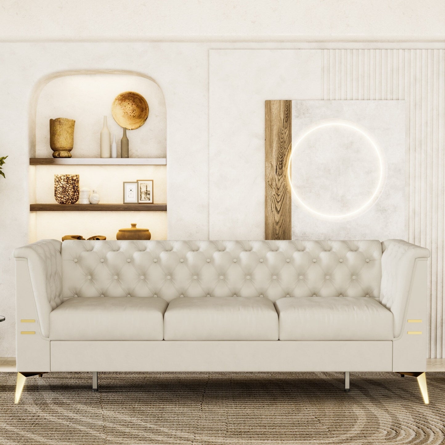 82'' Velvet 3 Seater Chesterfield Sofa Couch with Gold Metal Legs, High Rebound Sponge and Removable Cushions