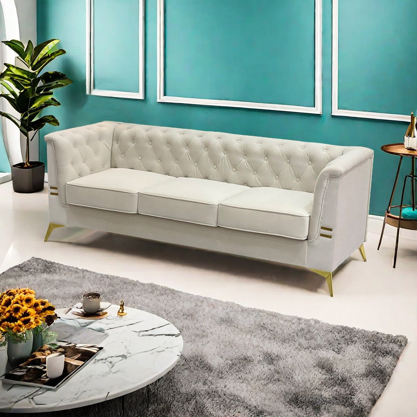 82'' Velvet 3 Seater Chesterfield Sofa Couch with Gold Metal Legs, High Rebound Sponge and Removable Cushions