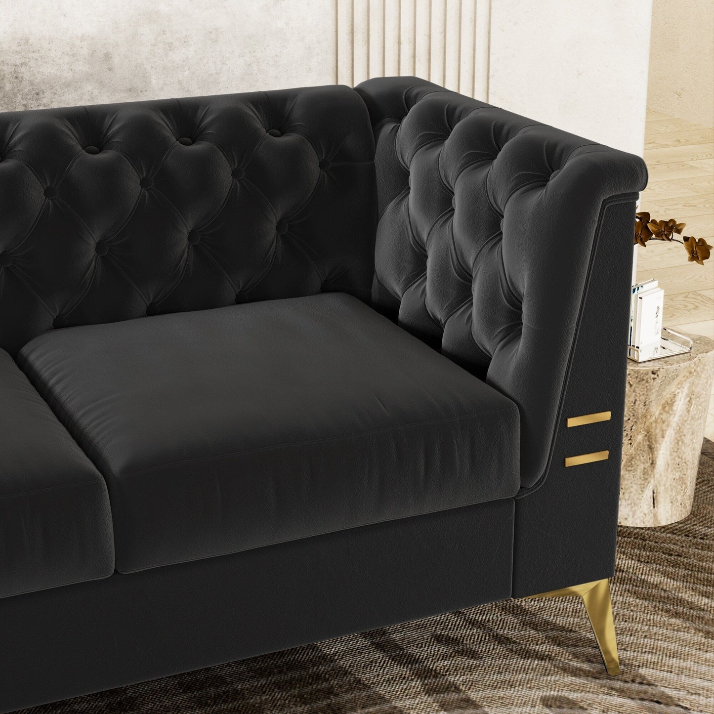 82'' Velvet 3 Seater Chesterfield Sofa Couch with Gold Metal Legs, High Rebound Sponge and Removable Cushions