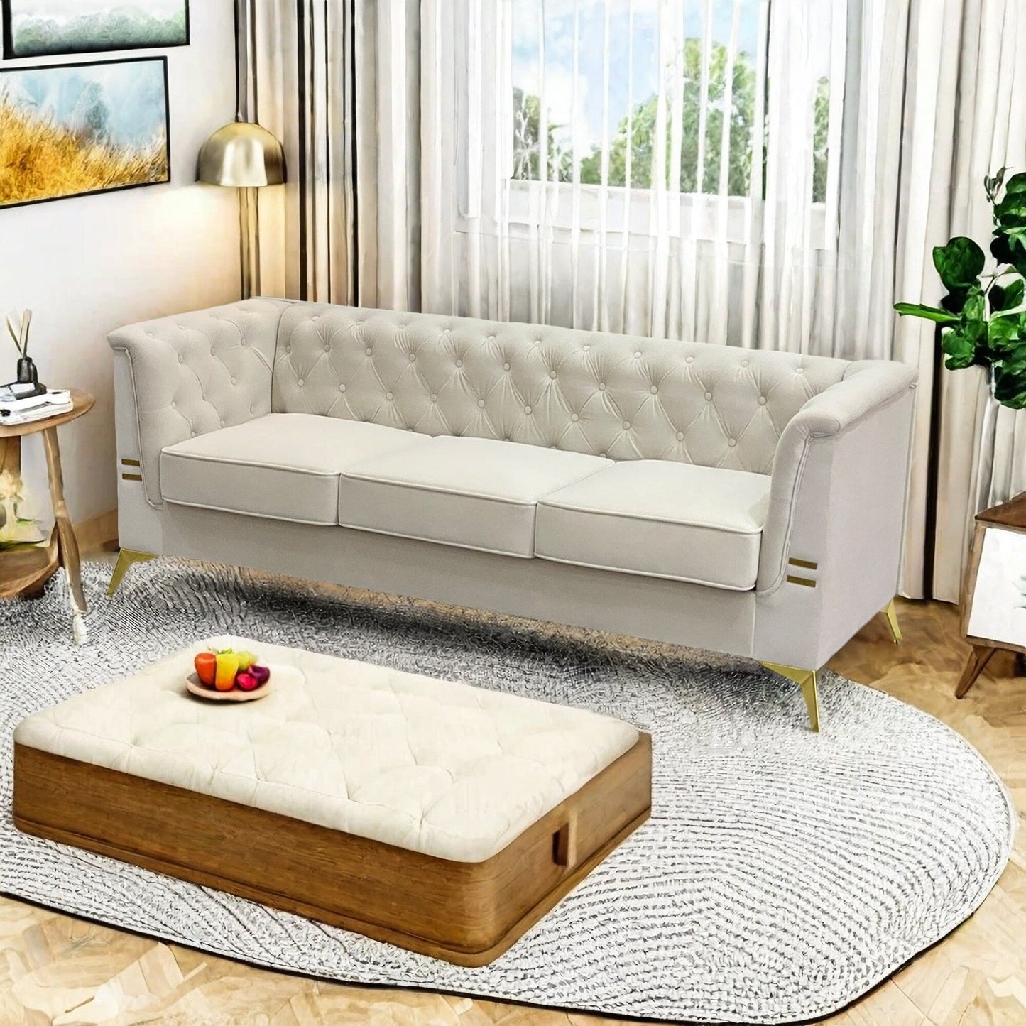 82'' Velvet 3 Seater Chesterfield Sofa Couch with Gold Metal Legs, High Rebound Sponge and Removable Cushions