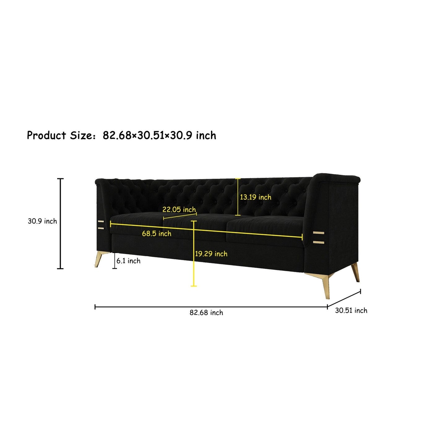82'' Velvet 3 Seater Chesterfield Sofa Couch with Gold Metal Legs, High Rebound Sponge and Removable Cushions