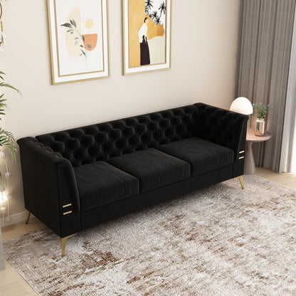 82'' Velvet 3 Seater Chesterfield Sofa Couch with Gold Metal Legs, High Rebound Sponge and Removable Cushions