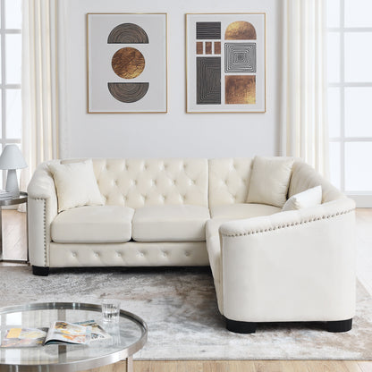 82'' Velvet Chesterfield Corner Sofa with Nailhead Trim and Removable Cushions