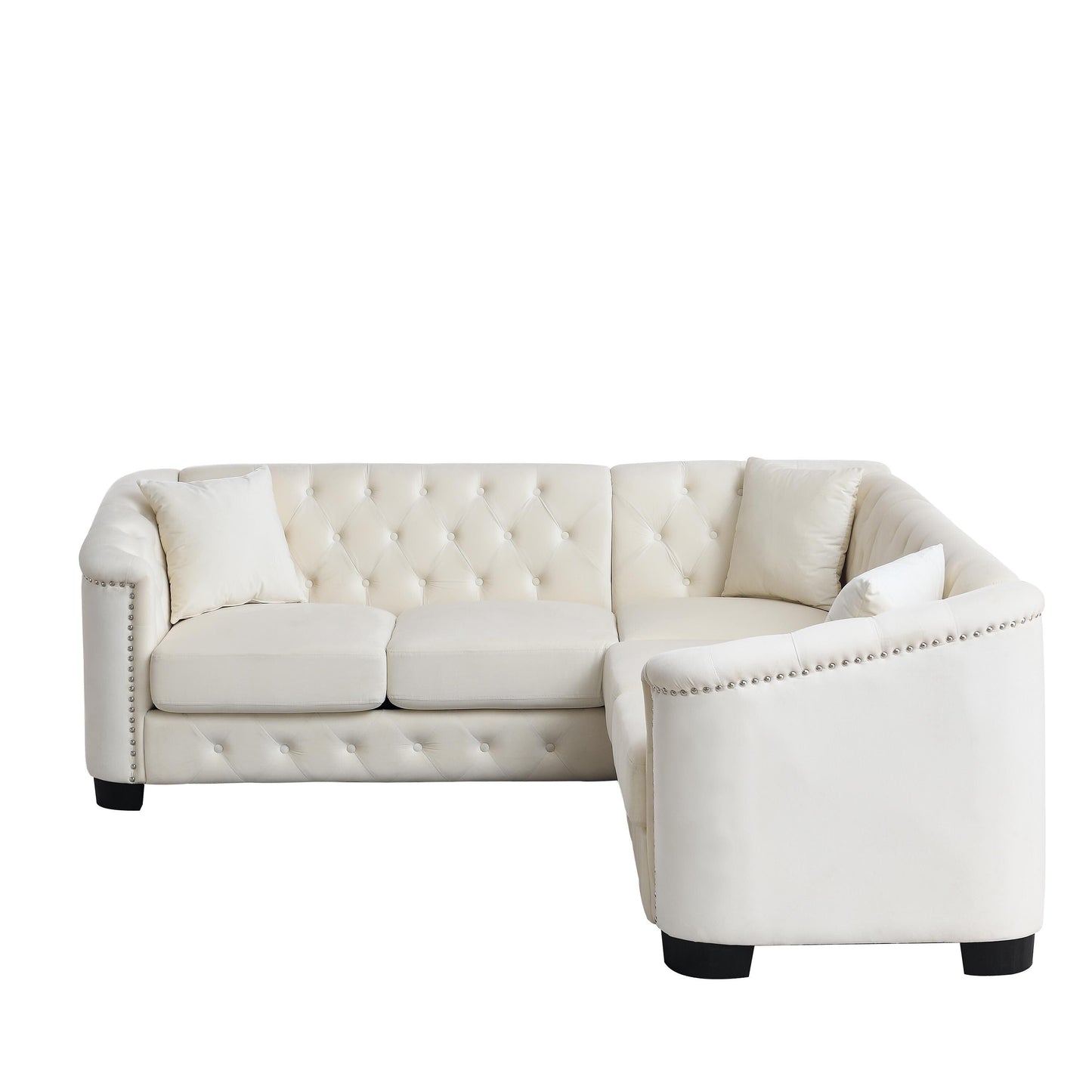 82'' Velvet Chesterfield Corner Sofa, 5-Seater L-Shaped with Nailhead Trim, Removable Cushions, and Solid Wood Base