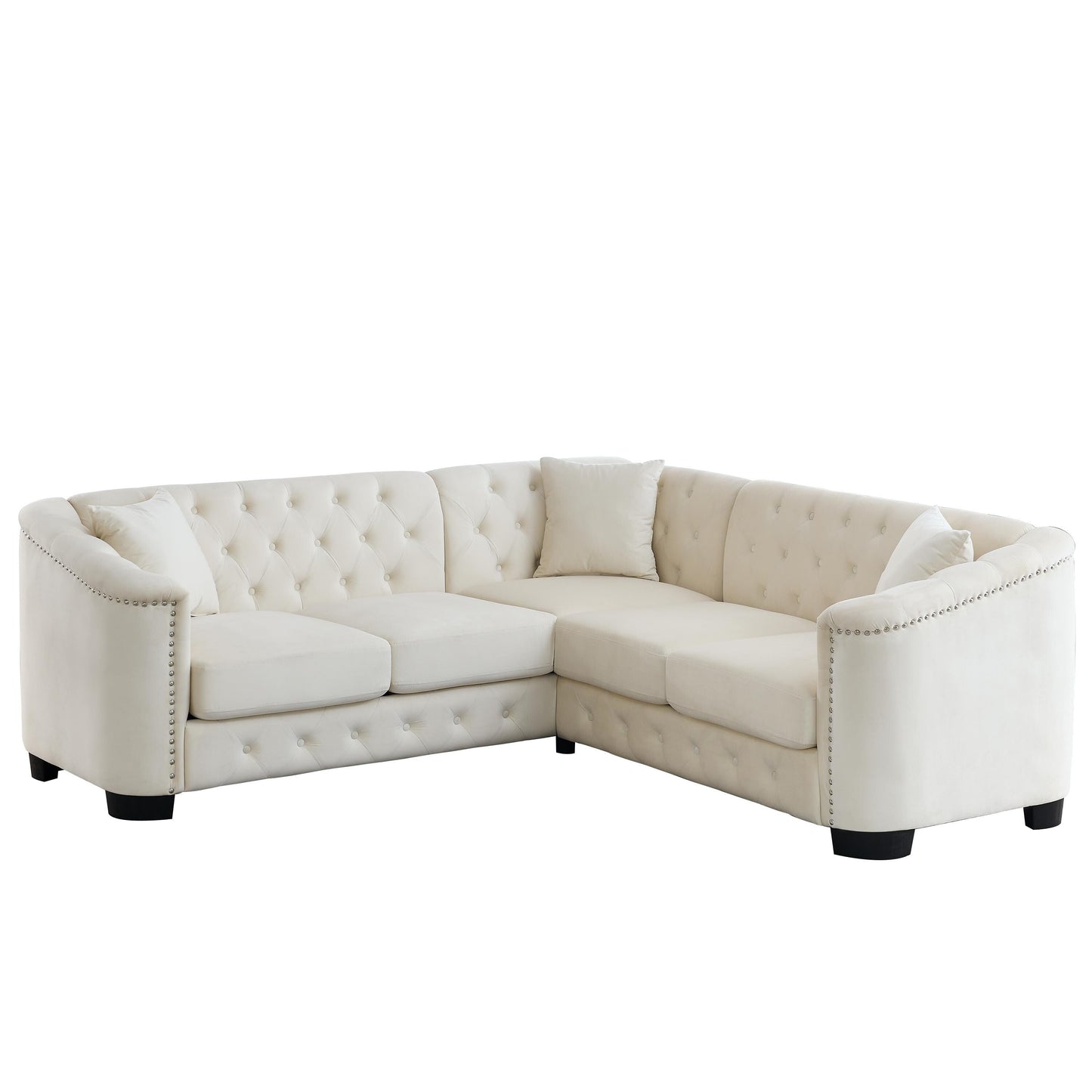 82'' Velvet Chesterfield Corner Sofa, 5-Seater L-Shaped with Nailhead Trim, Removable Cushions, and Solid Wood Base